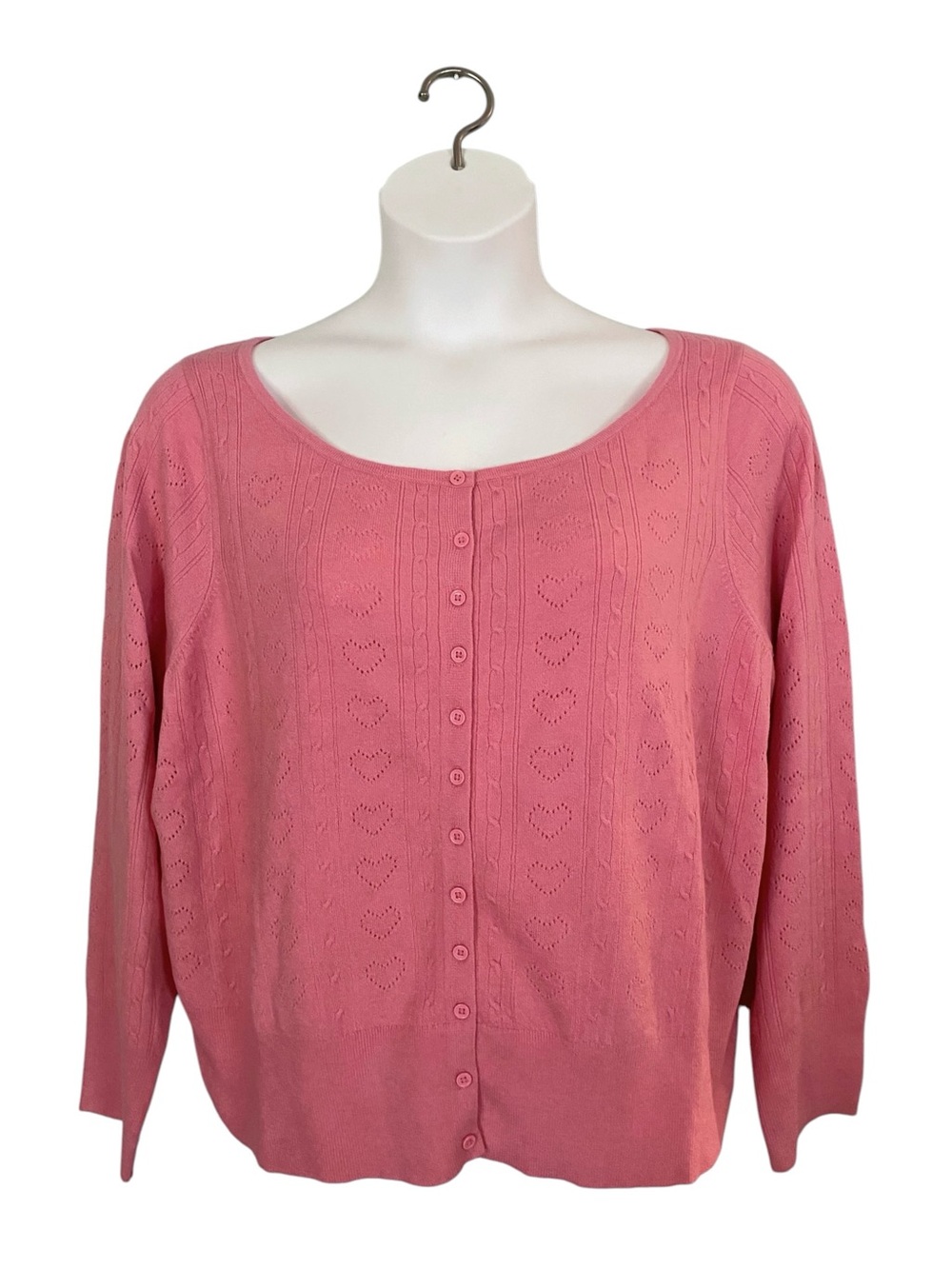A New Day Heart Cardigan Pointelle Pink Long Sleeve Womens Plus Size 1X NWT